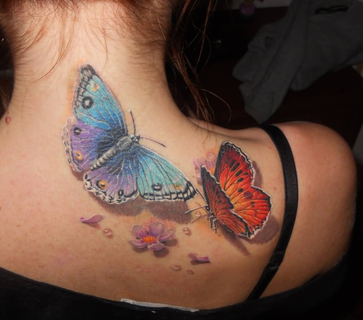 Incredible 3D Butterflies And Flowers Tattoo On Upper Back For Girls