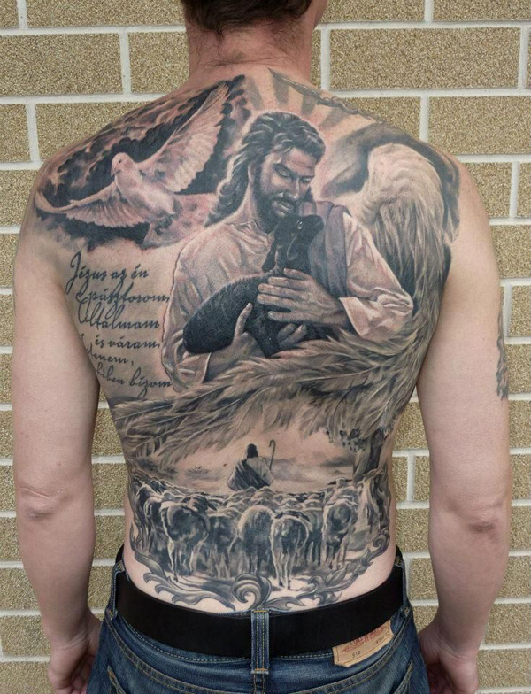 Incredible Jesus Theme Christian Tattoo On Full Back