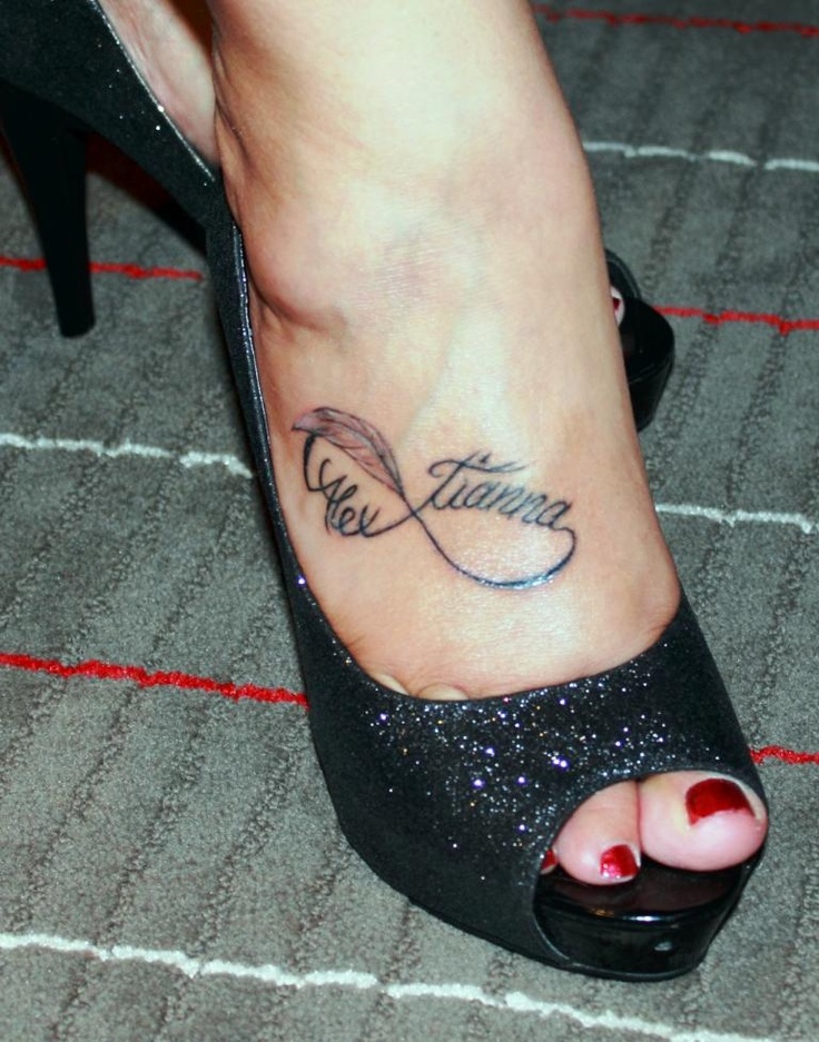 Infinity Kids Name With Feather Tattoo On Girl Foot
