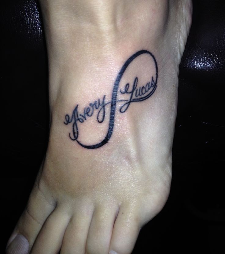 Infinity With Kids Name Tattoo On Foot
