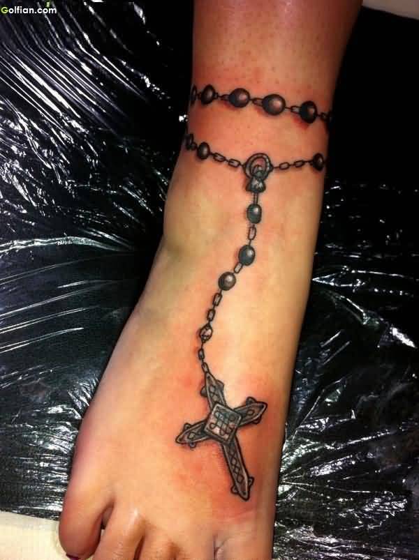 Innovative Rosary Bracelet Tattoo On Ankle And Foot