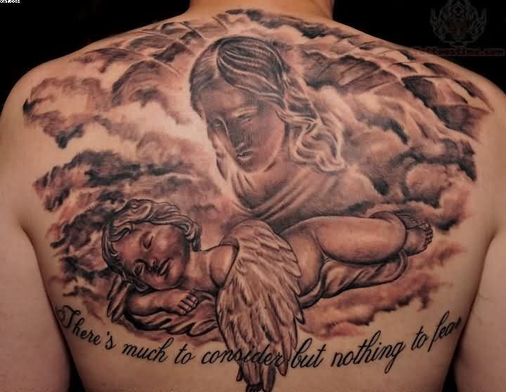 Inspiring Mother Caring For Baby Angel Tattoo On Upper Back