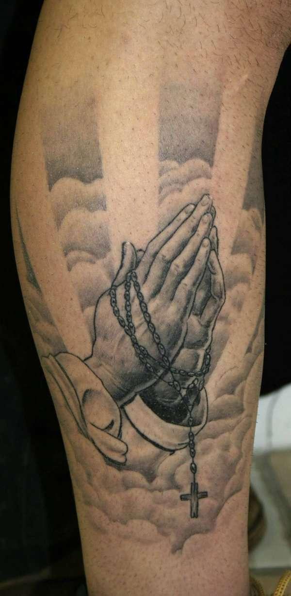 Inspiring Praying Hands With Rosary Tattoo On Arm