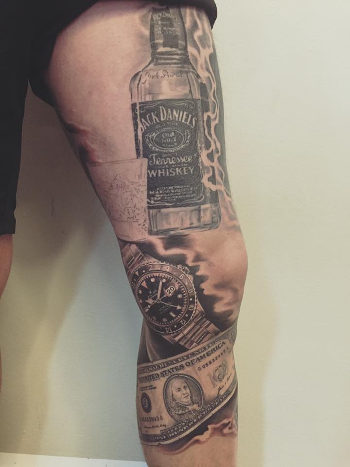 Jack Daniels Tattoo On Left Thigh For Men