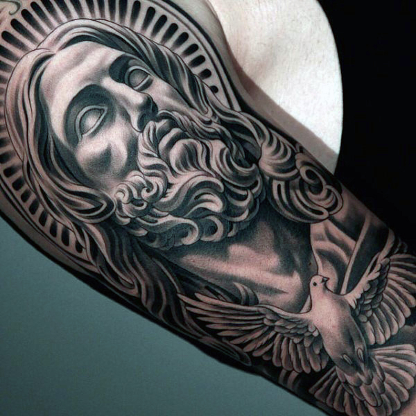 Jesus Head And Flying Dove Tattoo On Right Half Sleeve