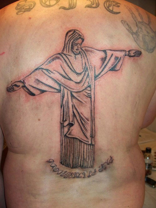 Jesus Statue Christian Tattoo On Full Back