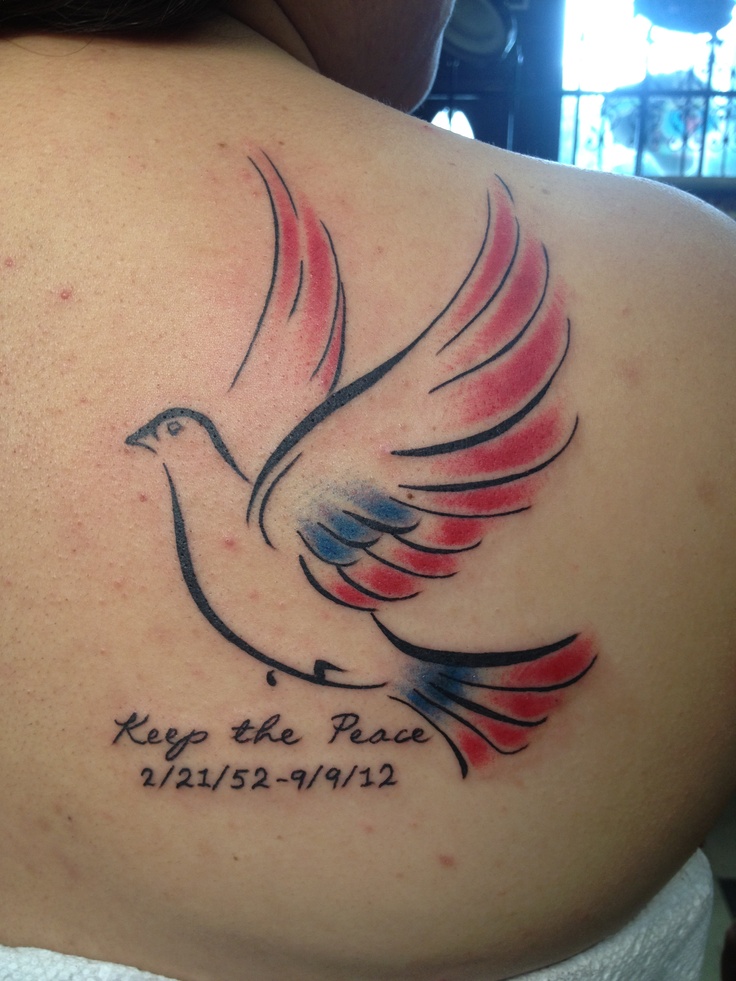 Keep The Peace Dove Tattoo On Right Back Shoulder