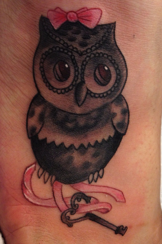 Key To Ribbon Owl Tattoo By Wes Fortier