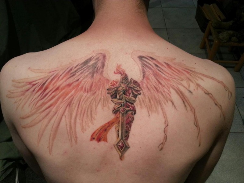 Knight Angel With Big Wings Tattoo On Upper Back