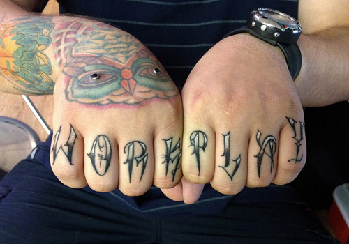 Knuckle Work And Play Tattoos On Hand For Men