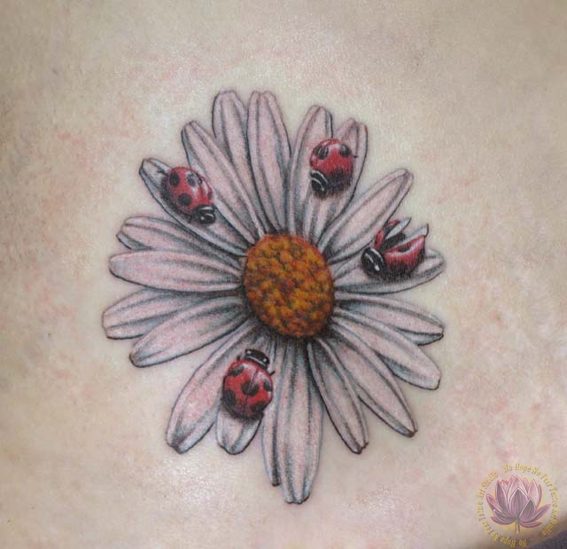 Ladybugs With Daisy Flower Ankle Tattoo