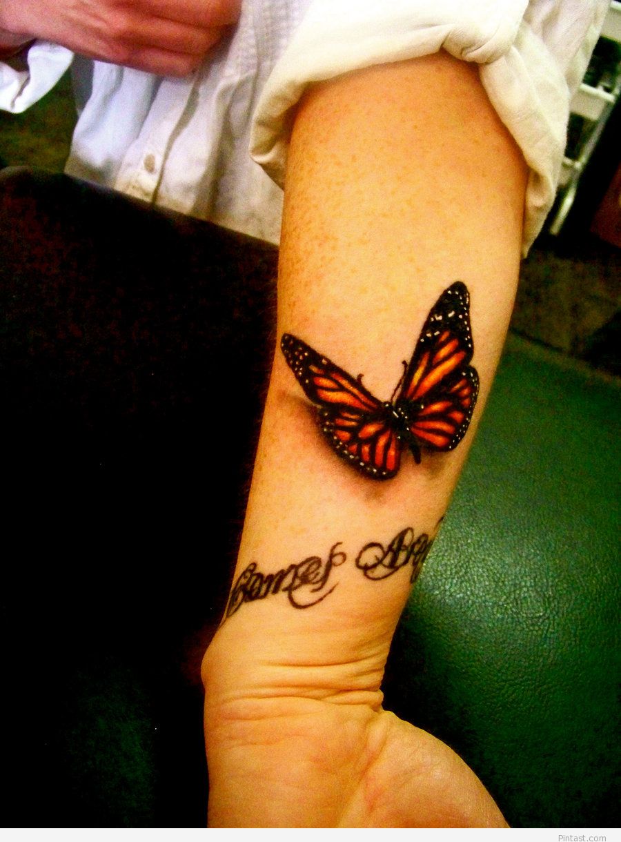 Left Arm 3D Monarch Butterfly Tattoo