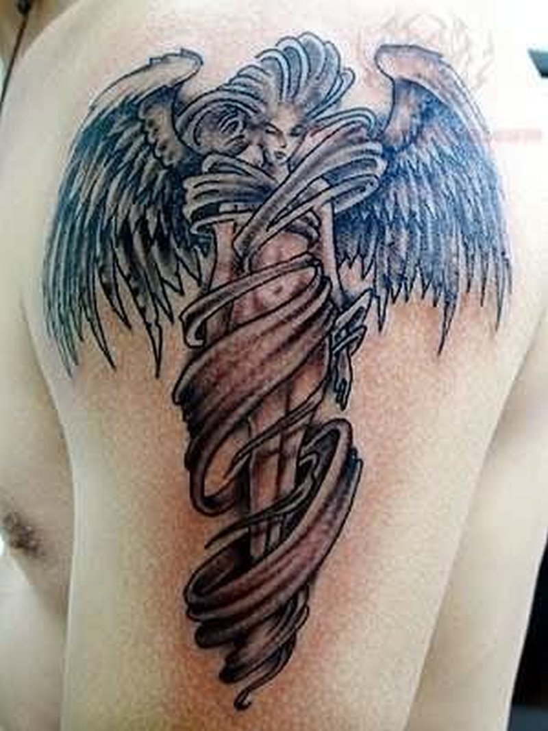 Left Shoulder Angel Pin Up Tattoo For Men