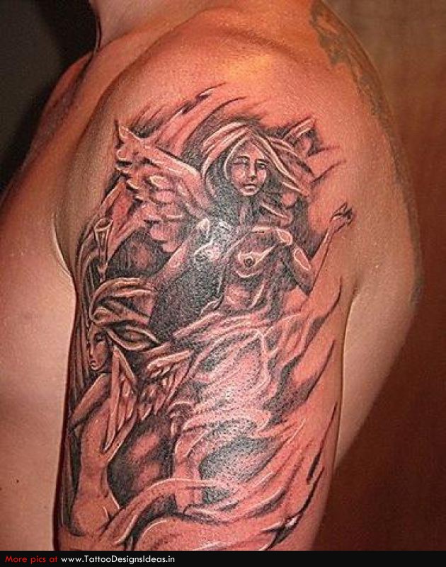 Left Shoulder Grey Ink Angel Tattoo For Men