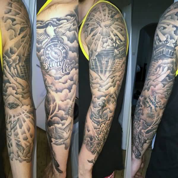 Left Sleeve Grey Ink Dove Tattoo For Men