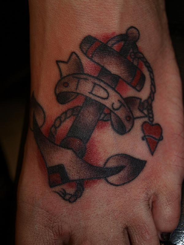 Lettering Anchor Traditional Tattoo On Foot