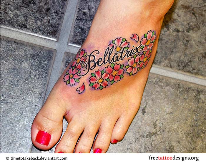 Lettering Cherry Blossom Flowers Tattoo On Foot