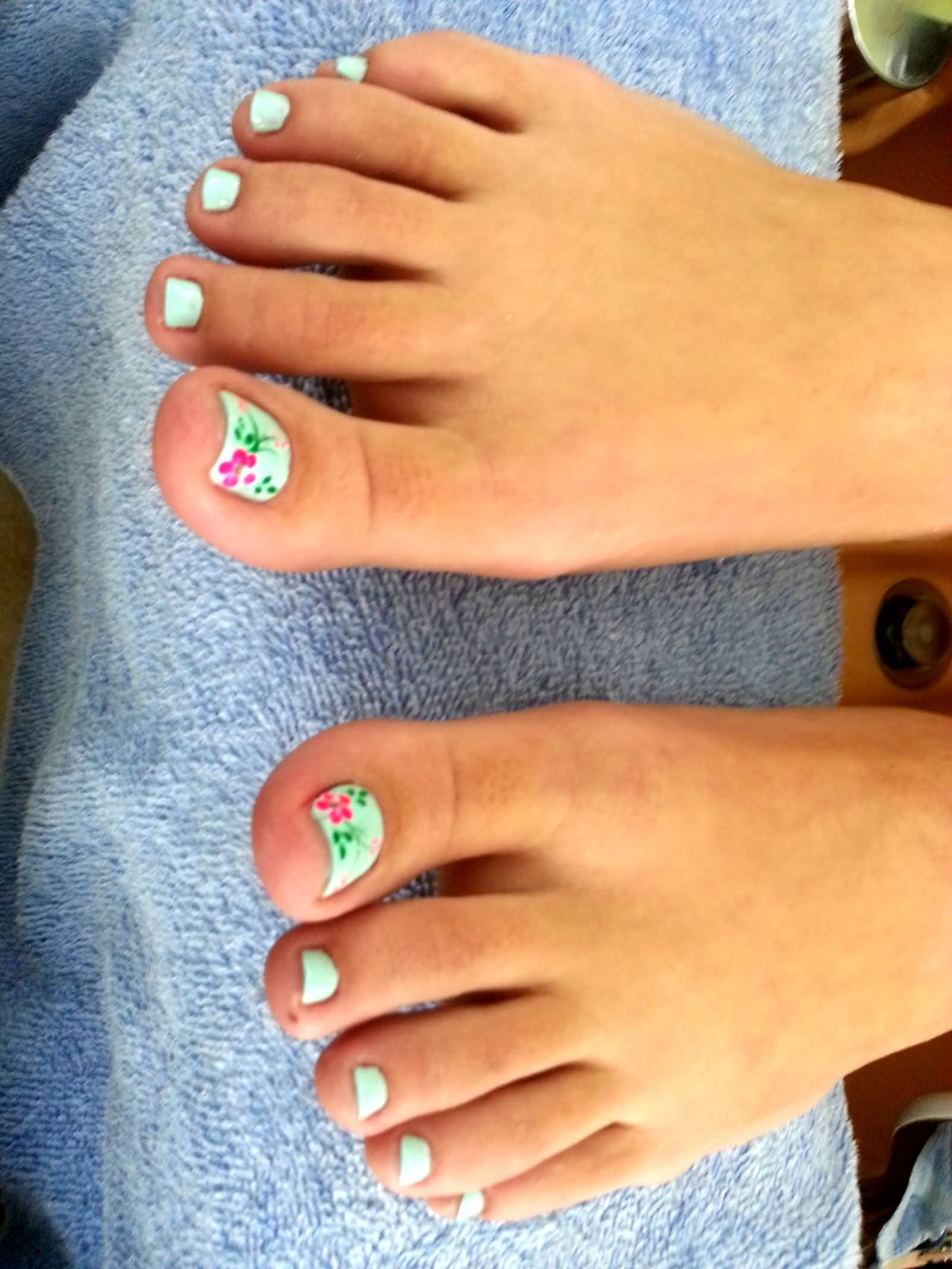 Light Blue Toe Nails With Pink Spring Flowers Nail Art
