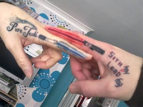 Lightsaber Tattoos On Side Fingers