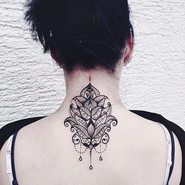 Lotus Mandala Embellishment Tattoo On Upper Back