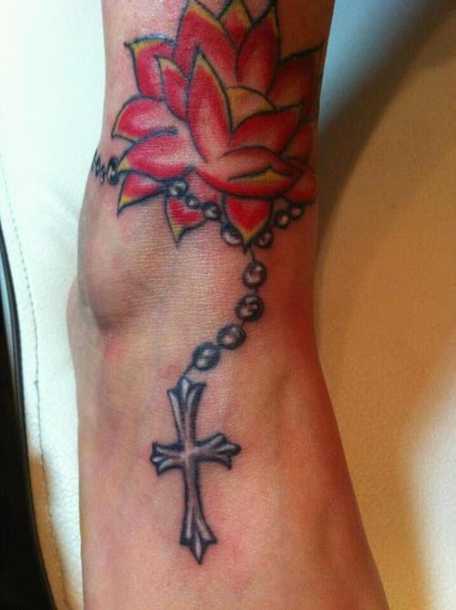 Lotus Rosary Tattoo On Ankle And Foot