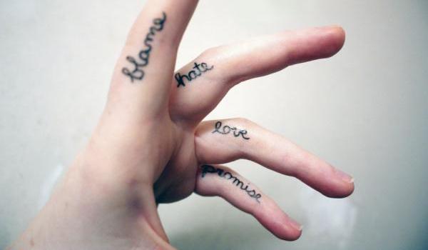 Love Hate Promise Words Tattoos On Side Finger