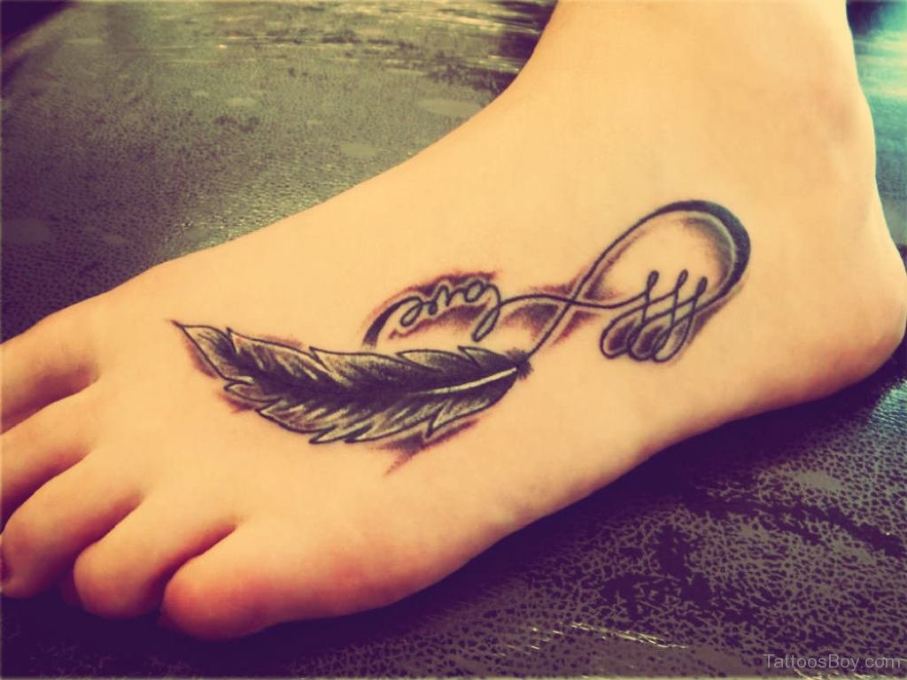 Love Infinity With Feather Tattoo On Foot