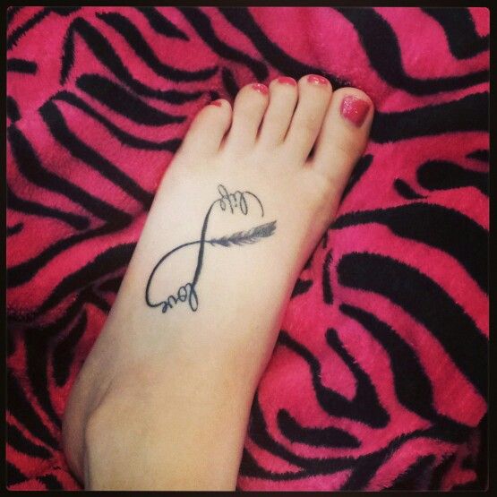 Love Life Feather Tattoo On Left Foot