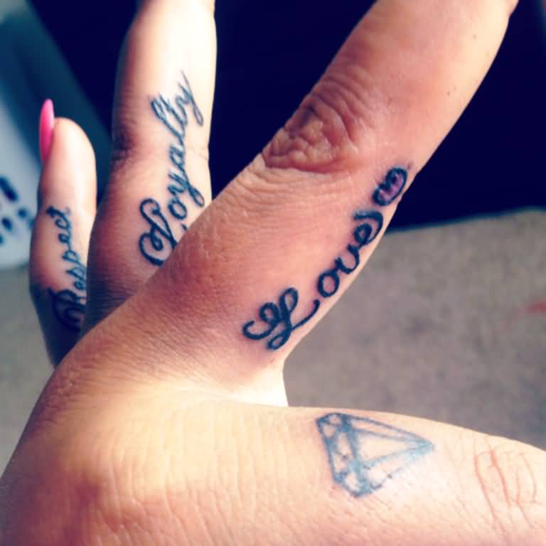 Love Loyality Respect Words Tattoo On Fingers