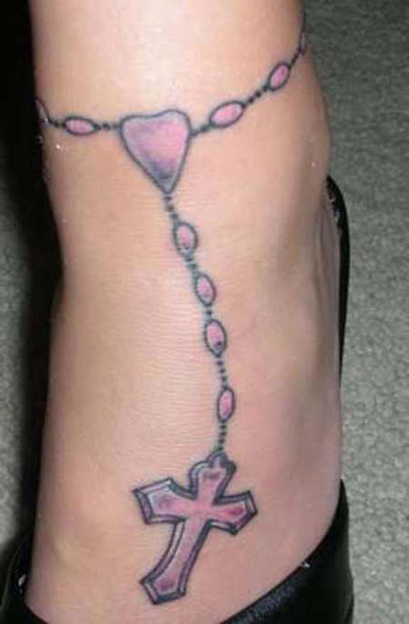 Love Pink Rosary Tattoo On Foot For Girls