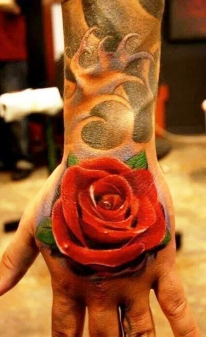 Lovely 3D Red Rose Tattoo On Hand For Men