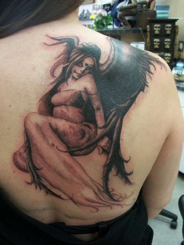 Lovely Angel Of Death Tattoo On Upper Back