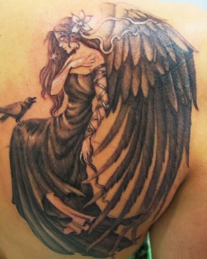 Lovely Angel Tattoo On Man Back Shoulder