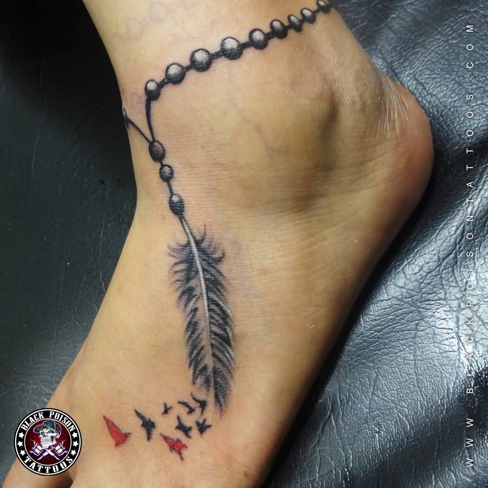 Lovely Birds Feather Bracelet Tattoo On Ankle