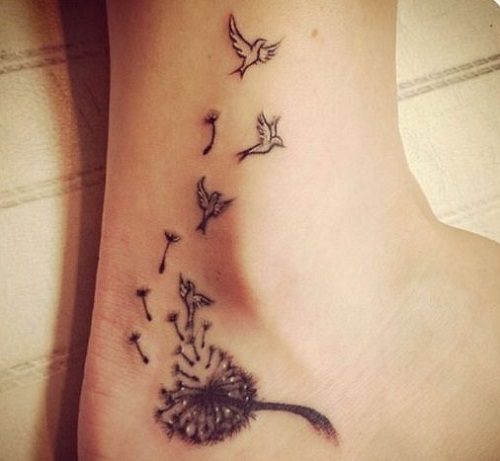Lovely Birds With Dandelion Black And White Foot Tattoo