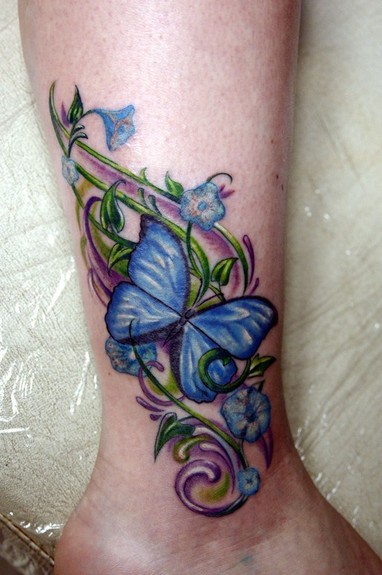 Lovely Butterfly And Flowers Leg Tattoo