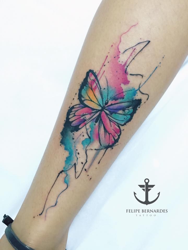 Lovely Butterfly Watercolor Tattoo On Leg