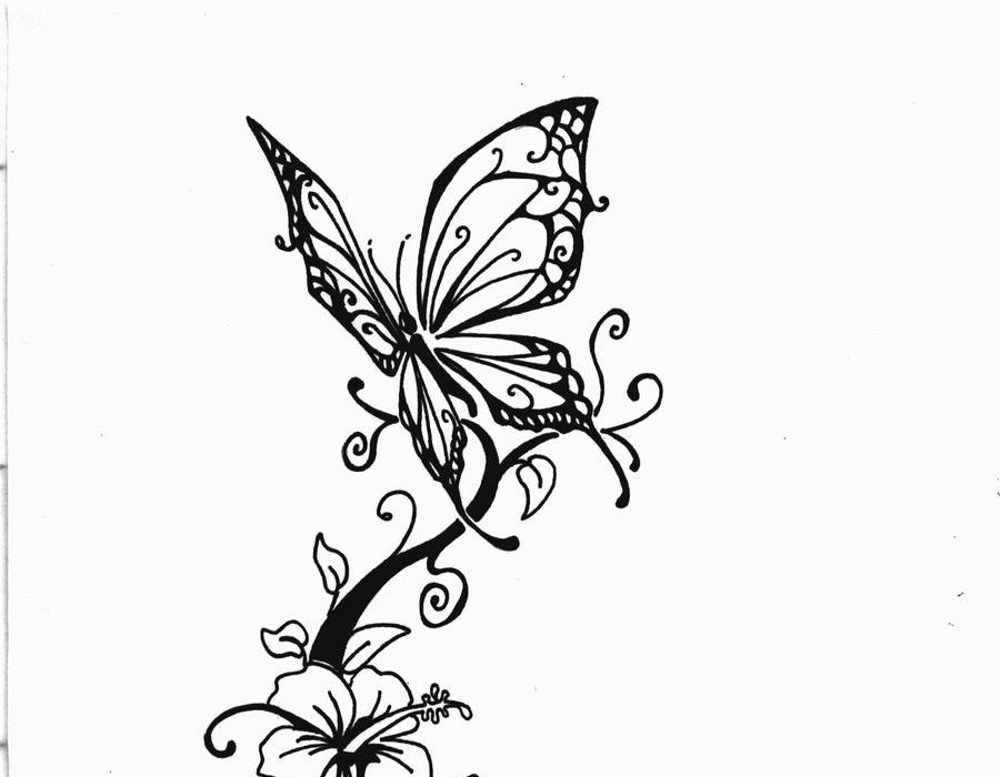 Lovely Butterfly With Hibiscus Flower Tattoo Design