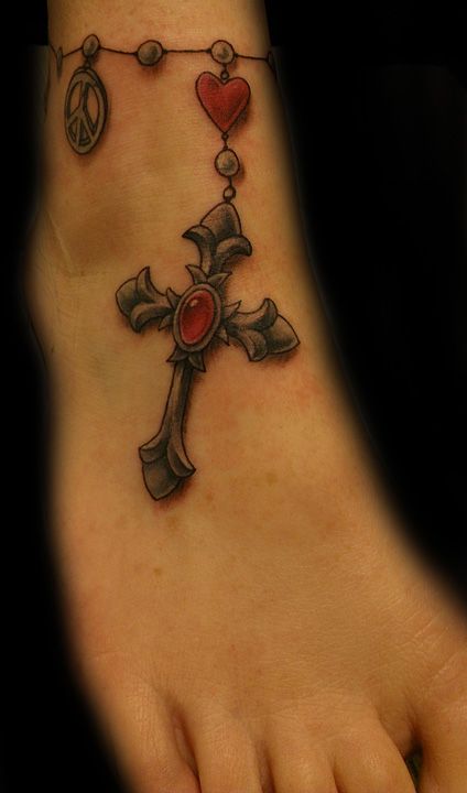 Lovely Cross Heart On Bracelet Tattoo On Ankle