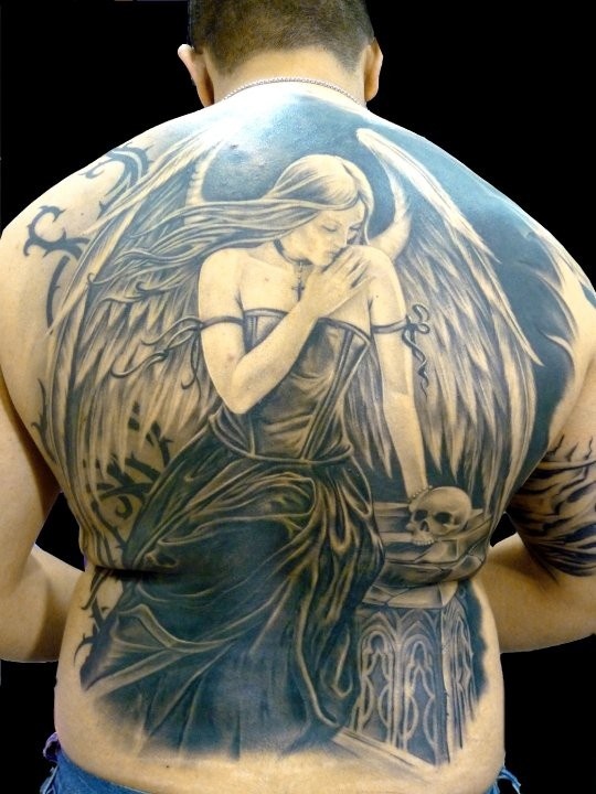 Lovely Dark Angel Tattoo On Full Back For Men