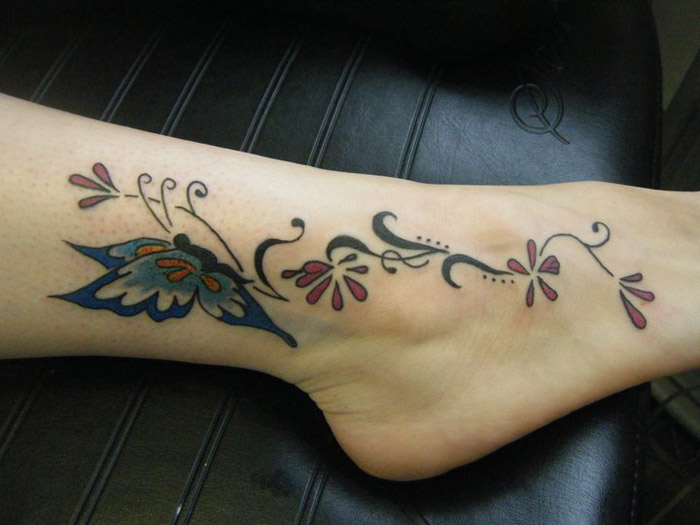 Lovely Floral Butterfly Tattoo On Ankle And Foot
