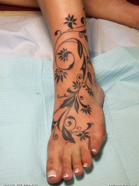 Lovely Flower Vine Foot And Ankle Tattoo