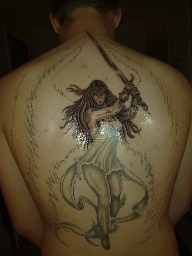 Lovely Guardian Angel Tattoo On Full Back