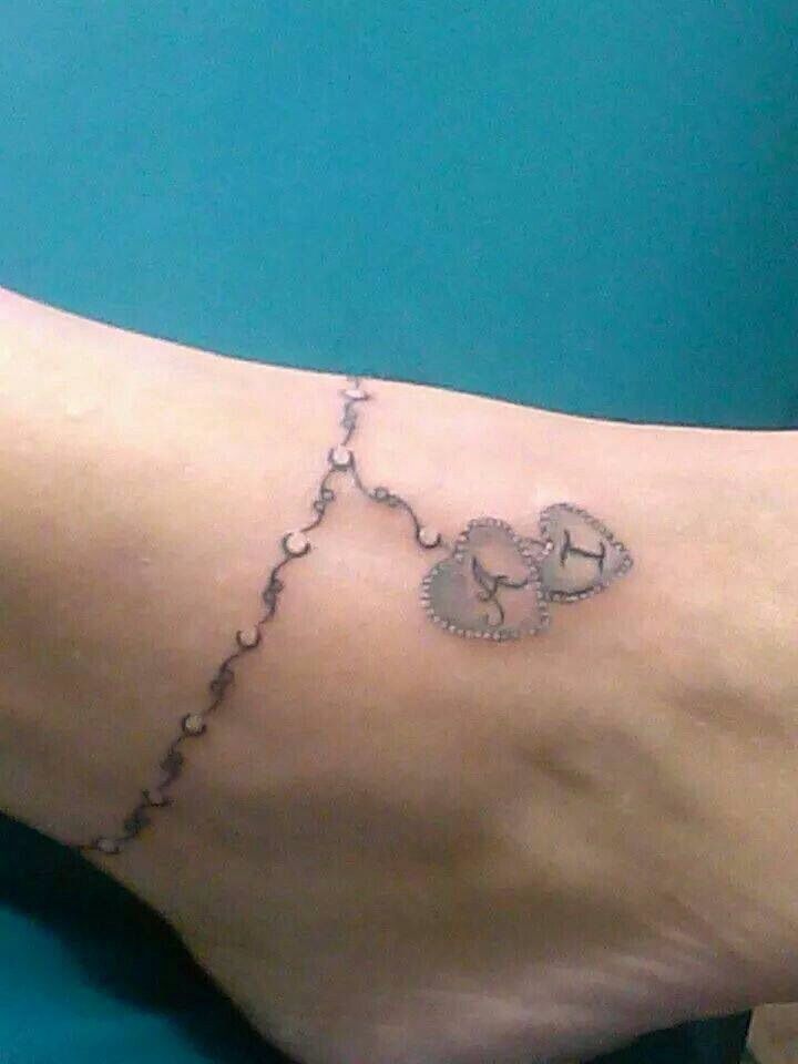 Lovely Hearts Name Bracelet Tattoo On Ankle