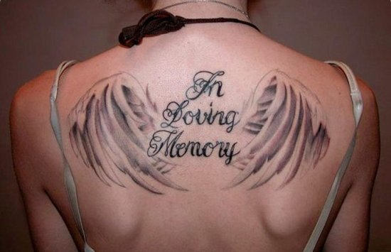 Lovely In Loving Memory Angel Wings Tattoo On Upper Back