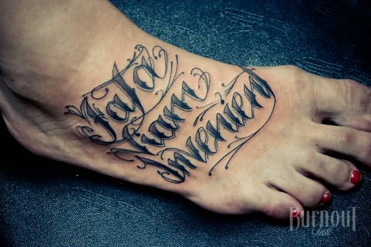 Lovely Lettering Tattoo On Foot For Women