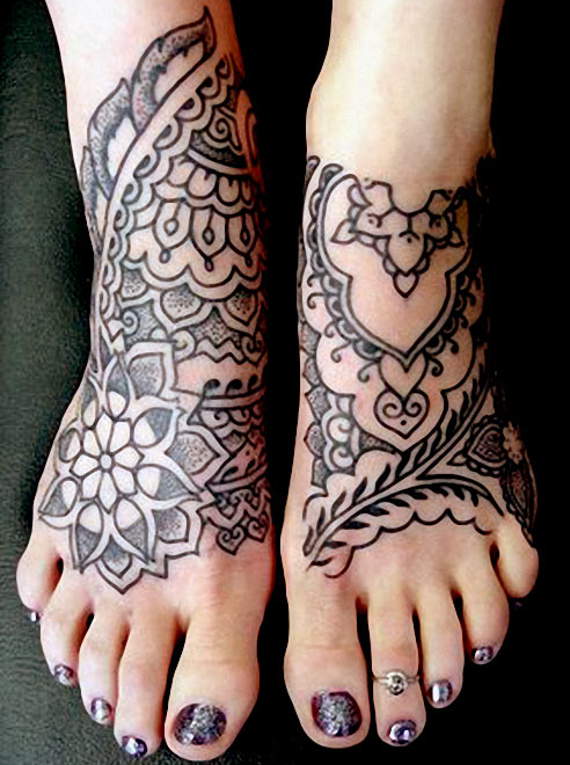 Lovely Mandala Both Feet Tattoo For Girls