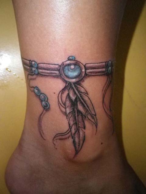Lovely Native American Feather Bracelet Tattoo On Ankle