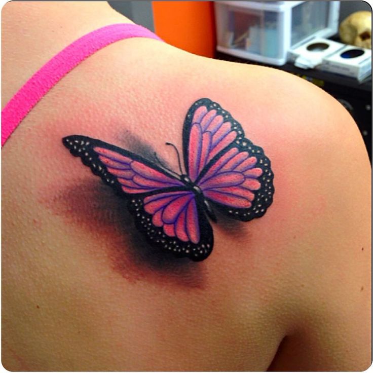 Lovely Pink And Black 3D Butterfly Tattoo On Back Shoulder