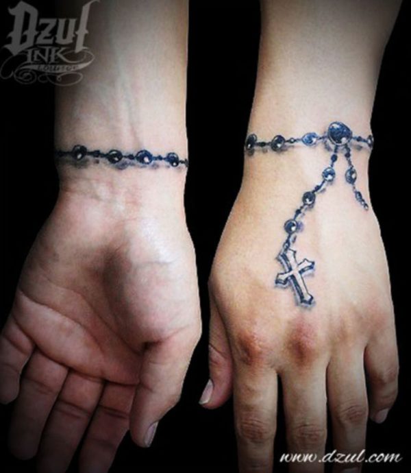 Lovely Realistic Rosary Wrist Tattoo